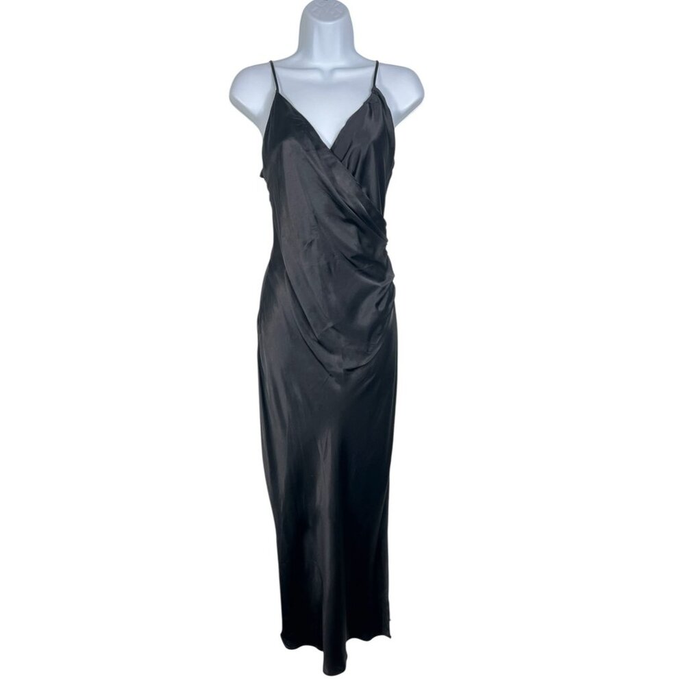 Zara Side Ruched Midi Slip Dress Satin Effect Black Straps Sleek Party Small - Picture 8 of 16